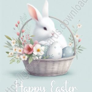 Happy Easter greeting card with a bunny sitting in a basket with Easter eggs and flowers.