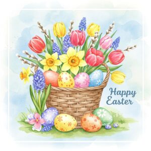 Happy Easter greeting card with basket of Easter eggs and flowers.