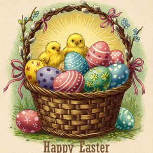Happy Easter greeting card with chicks and Easter eggs in a basket.
