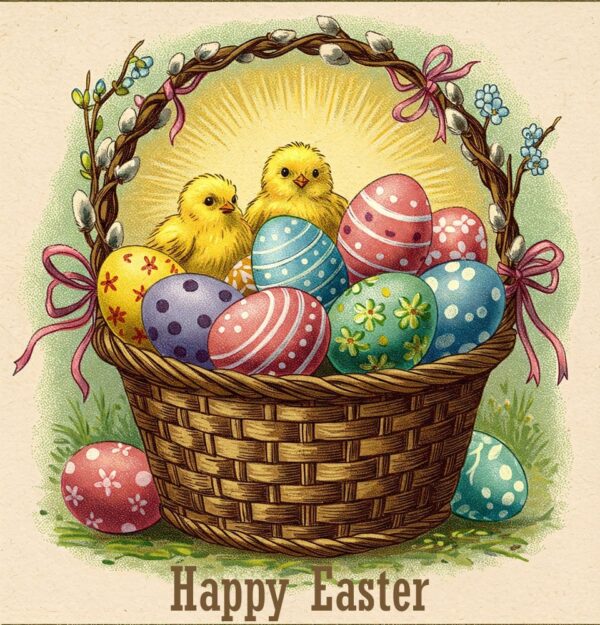 Happy Easter greeting card with chicks and Easter eggs in a basket ...