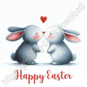 Happy Easter greeting card with a couple of rabbits in love.