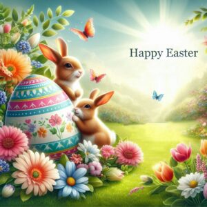Happy Easter greeting card with a huge Easter egg and two bunnies on a sunny day.