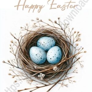 Happy Easter greeting card with nest with eggs.