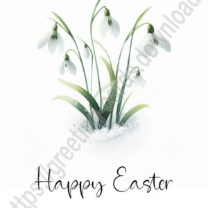 Happy Easter white greeting card with snowdrops.