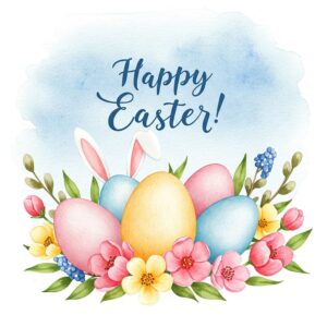Happy Easter greeting card with Easter eggs, flowers and bunny ears.