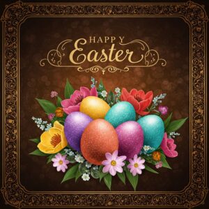 Happy Easter brown and gold greeting card.