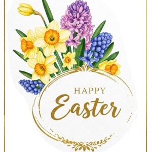 Happy Easter greeting card with yellow daffodils, purple hyacinths and gold lettering.