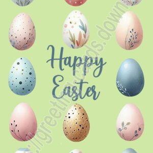 Happy Easter light green greeting card with many different Easter eggs.