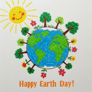 Happy Earth Day card with children's drawing.