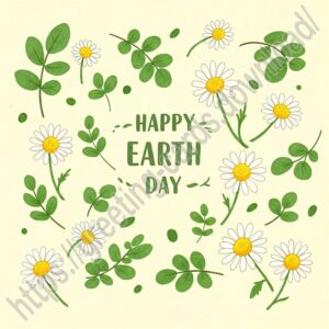 Happy Earth Day card with camomiles and green leaves.