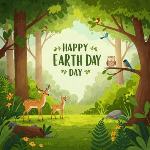 Happy Earth Day card with forest, animals and birds.
