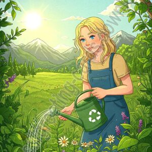 Happy earth day card with girl and beautiful nature.