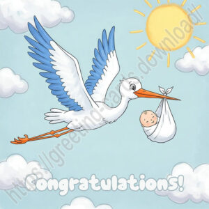 Congratulations! New baby greeting Ecard with a stork carrying a baby.