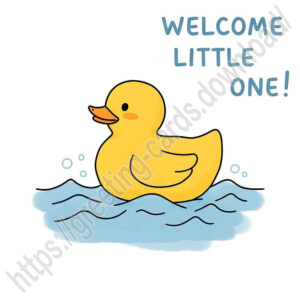 Welcome little one! New baby greeting Card with yellow bath toy duck.