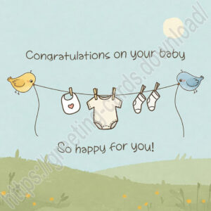 Congratulations on your baby. So happy for you! New baby greeting Ecard with birds and baby clothes.