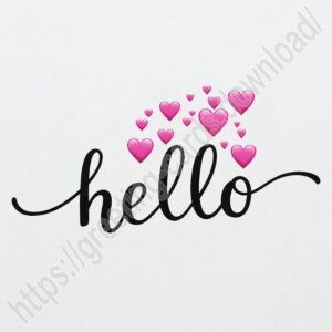 Hello! greeting image with pink hearts.