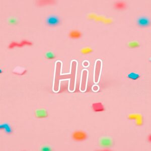 Hi! greeting image with small geometric figures of different colors.