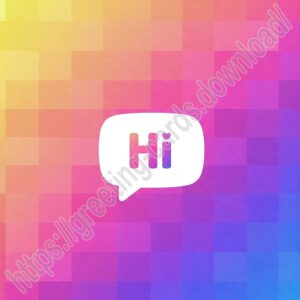 Hi! greeting image with multicolored squares creating a gradient effect.