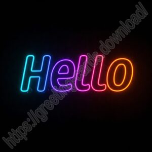 Hello! black greeting image with neon inscription.