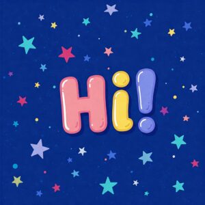 Hello! blue greeting image with multi-colored stars.