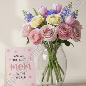 You are the best mom in the world. Mother's Day greeting card with flowers.