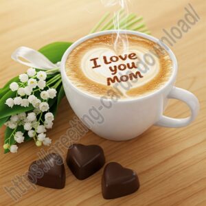 I love you mom greeting card with coffee, chocolates and a small bouquet of lilies of the valley.