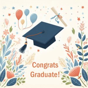Congrats Graduate! Greeting card with mortarboard, diploma, flowers, herbs and balloons.