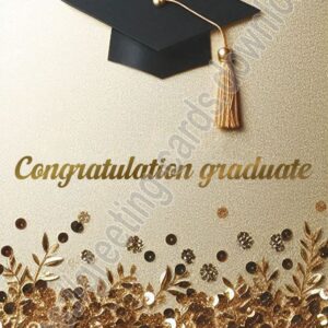 Congratulation graduate. Golden greeting card with golden inscription and mortarboard.