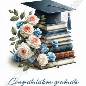Congratulation graduate. Greeting card with a stack of books, roses and mortarboard.