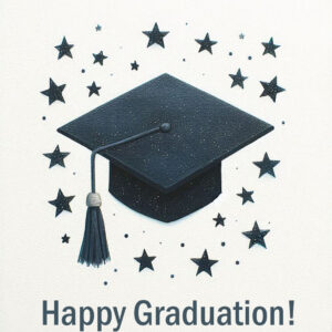 Happy Graduation! Greeting card with mortarboard and stars.