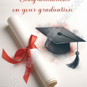 Congratulations on your graduation. Greeting card with mortarboard и rolled-up diploma tied with a red ribbon.