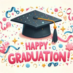 Happy Graduation! Beige greeting card with mortarboard and pink inscription.