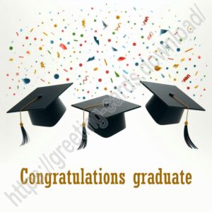 Congratulations graduate. Greeting card with mortarboards, confetti and gold inscription.