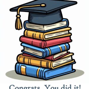 Congrats. You did it! Greeting card with a stack of books and a mortarboard.