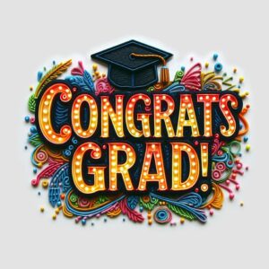 Congrats Grad! Greeting card with glowing inscription with lights and mortarboard.