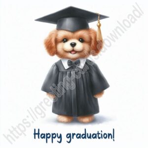 Happy graduation! Greeting card with dog, puppy in graduate costume.