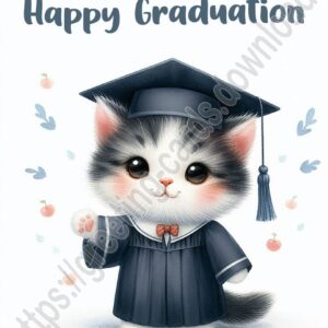 Happy graduation. Greeting card with a cat, kitten in a graduate suit.