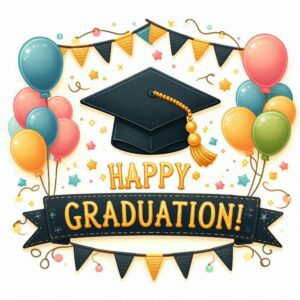 Happy Graduation! Greeting card with flags, balloons, stars and mortarboard.