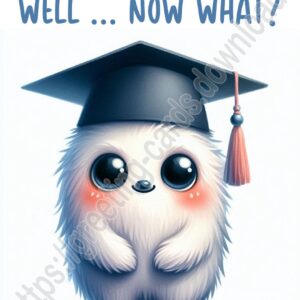 Well ... Now what? Greeting card with a cute creature in a graduate suit.