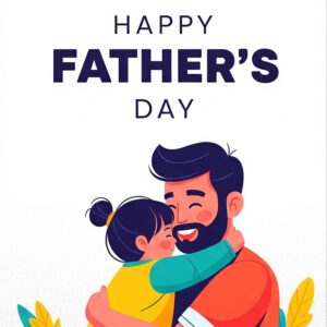 Happy Father's Day white greeting card with father and daughter.
