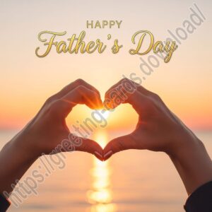 Happy Father’s Day greeting card with two hands forming a heart shape against a backdrop of a sunset on the sea.