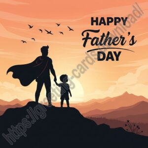 Happy Father's Day greeting card with superhero father and son.