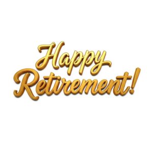 Happy Retirement greeting card with gold lettering.