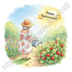 Happy Retirement greeting card with elderly woman watering strawberries.