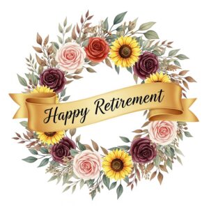 Happy Retirement greeting card with wreath of roses and sunflowers.