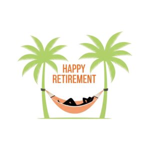 Happy Retirement greeting card with silhouette of a person lying in a hammock between palm trees.