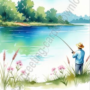 Retirement greeting card with fisherman in watercolor style.