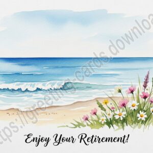Retirement greeting card with seascape in watercolor style.