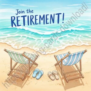 Retirement greeting card with sun loungers on the beach.