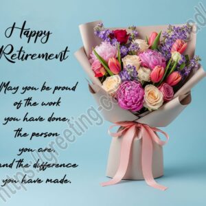 Happy Retirement greeting card with a bouquet of flowers.